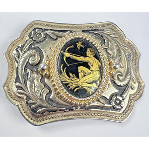 Vintage Western Belt Buckle Silver Gold Archer Floral Engraved Men's 3" Wide